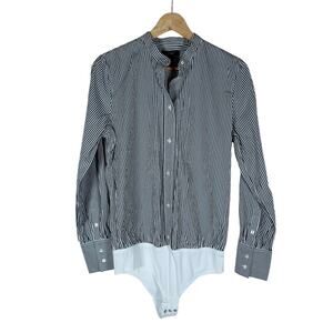 J. Crew Bodysuit Blouse 6 Black White Striped Long Sleeve Button Down Work Top